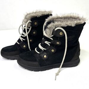 Sorel Boots Women's 7 Explorer Joan Black Leather Lined Winter Snow